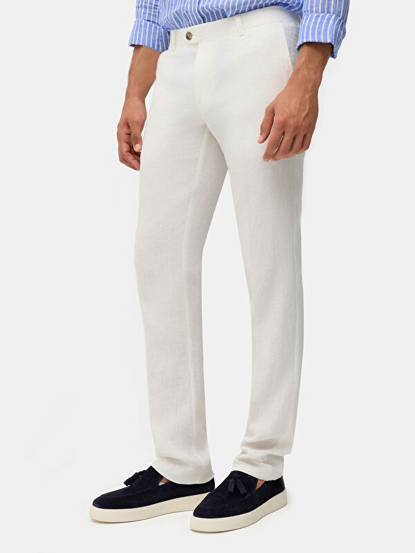 Erkek Krem Modern Fit %100 Keten Casual Pantolon