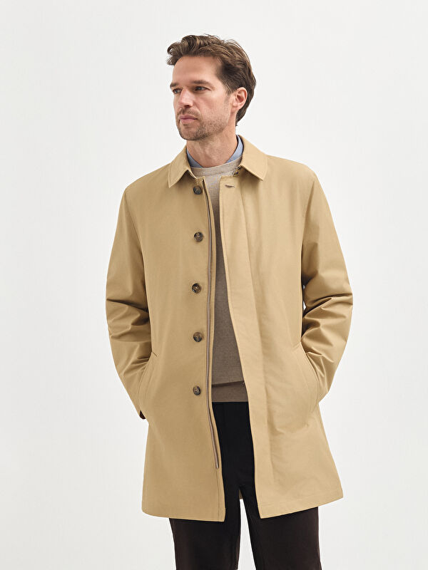 Erkek Bej Pamuk Karışımlı Trençkot