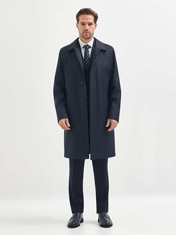 Erkek Lacivert Yün Karışımlı Trençkot