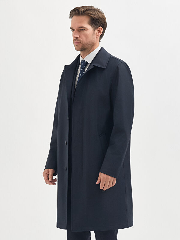 Erkek Lacivert Yün Karışımlı Trençkot