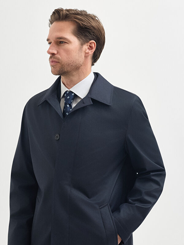 Erkek Lacivert Yün Karışımlı Trençkot