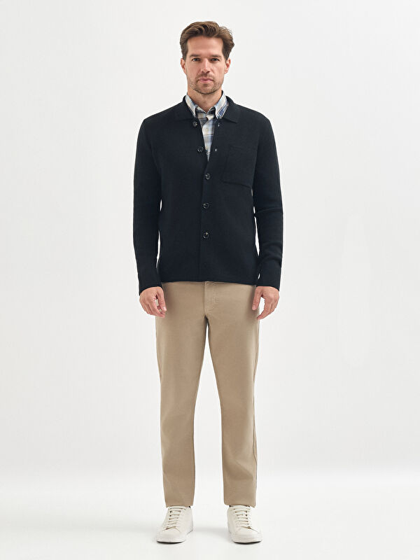 Erkek Siyah Yün Karışımlı Gömlek Yaka Triko Hırka