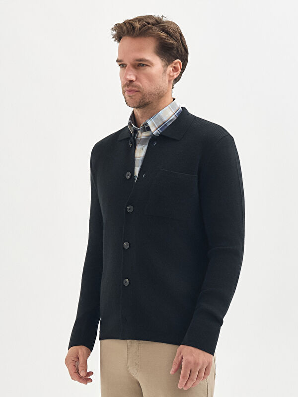 Erkek Siyah Yün Karışımlı Gömlek Yaka Triko Hırka