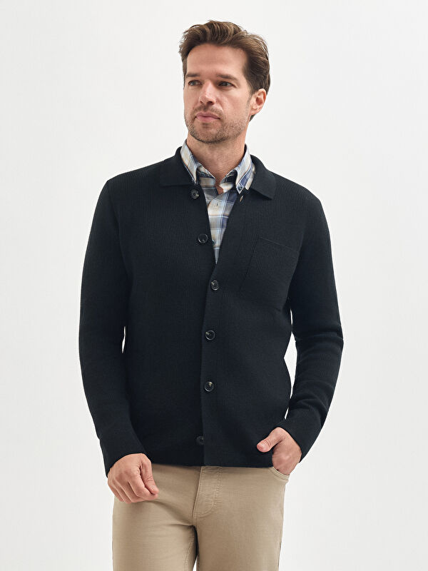 Erkek Siyah Yün Karışımlı Gömlek Yaka Triko Hırka