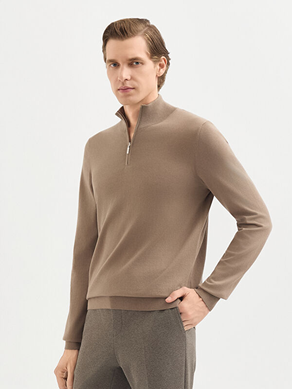 Erkek Vizon %100 Pamuk Yarım Balıkçı Fermuarlı Triko Kazak