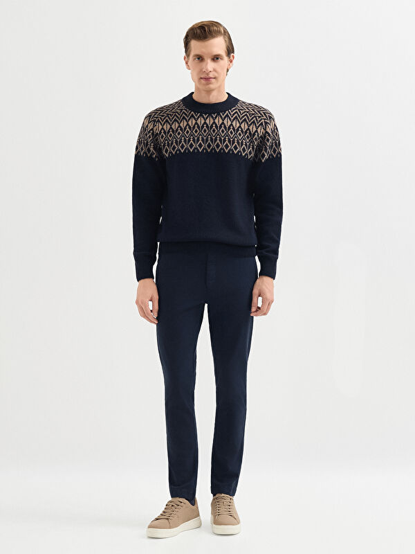 Erkek Lacivert Yün Karışımlı Desenli Triko Kazak