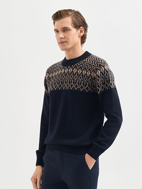 Erkek Lacivert Yün Karışımlı Desenli Triko Kazak