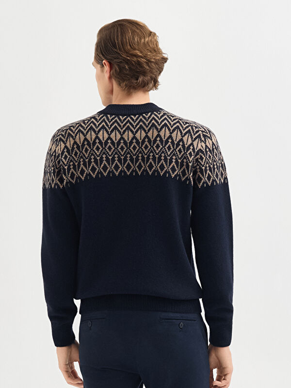 Erkek Lacivert Yün Karışımlı Desenli Triko Kazak