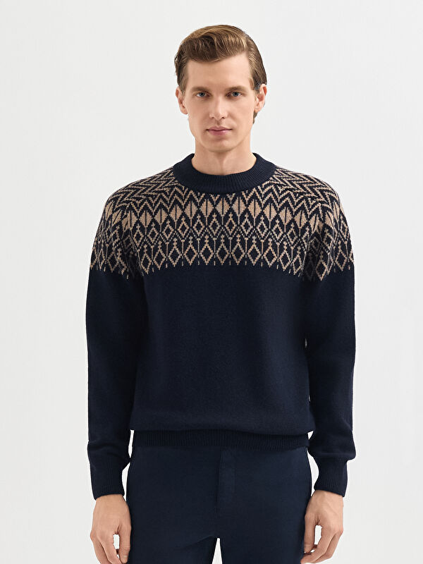 Erkek Lacivert Yün Karışımlı Desenli Triko Kazak