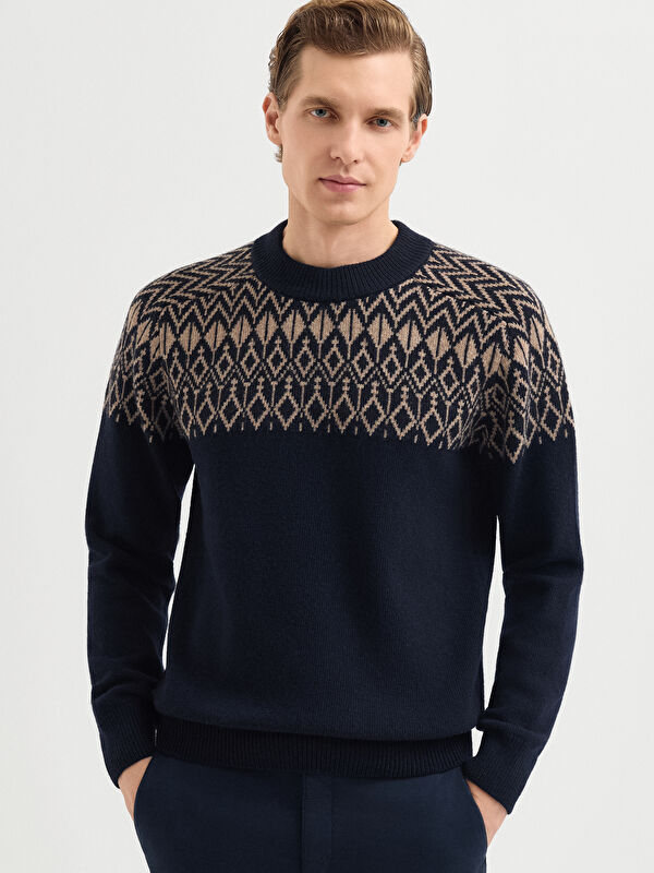 Erkek Lacivert Yün Karışımlı Desenli Triko Kazak
