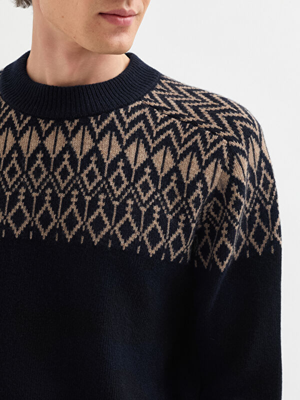 Erkek Lacivert Yün Karışımlı Desenli Triko Kazak