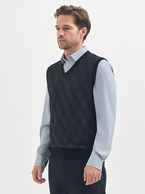 Erkek Siyah Yün Karışımlı Desenli Triko Süveter