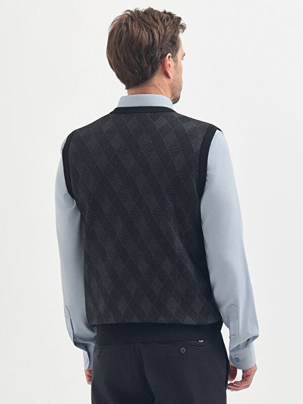 Erkek Siyah Yün Karışımlı Desenli Triko Süveter