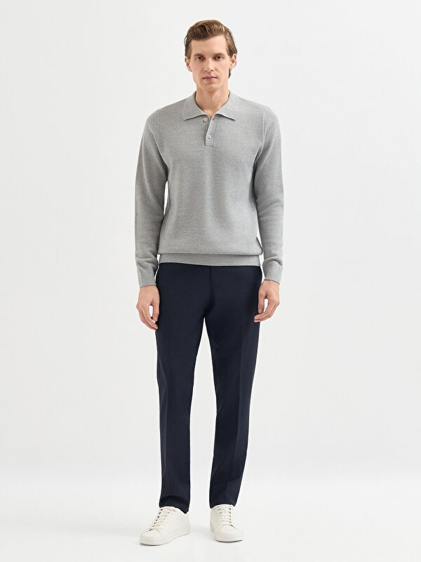 Erkek Gri Yün Karışımlı Polo Yaka Triko Kazak