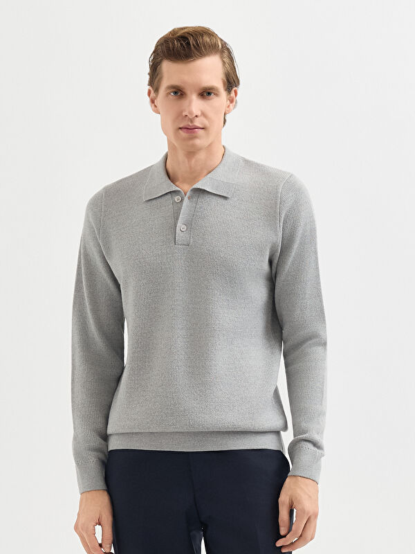 Erkek Gri Yün Karışımlı Polo Yaka Triko Kazak