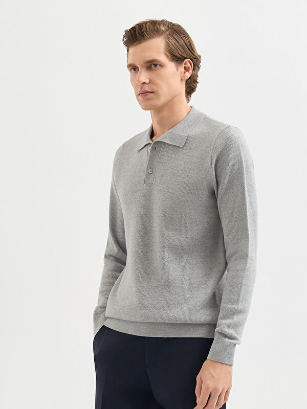 Erkek Gri Yün Karışımlı Polo Yaka Triko Kazak