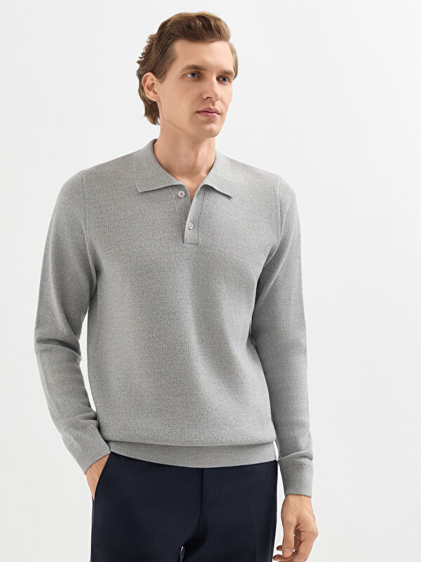 Erkek Gri Yün Karışımlı Polo Yaka Triko Kazak