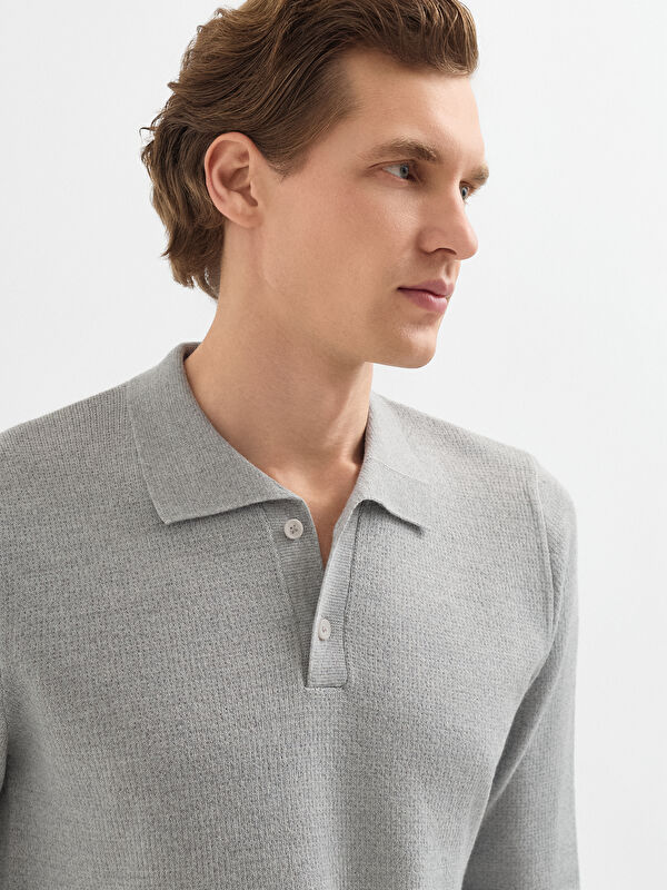 Erkek Gri Yün Karışımlı Polo Yaka Triko Kazak