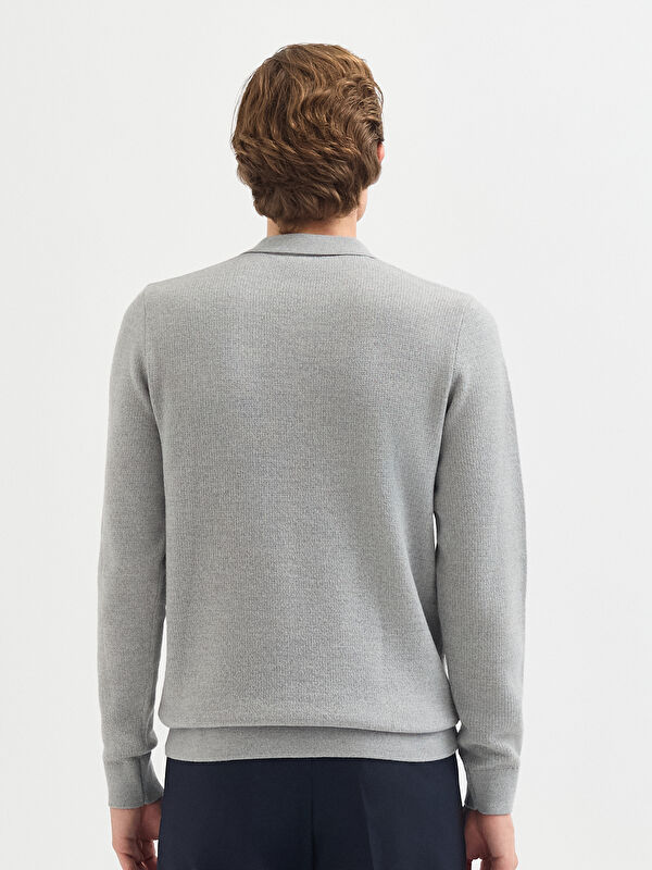 Erkek Gri Yün Karışımlı Polo Yaka Triko Kazak