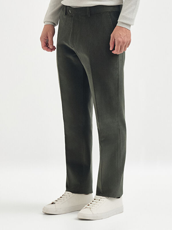 Erkek Haki Kadife Pamuk Karışımlı Klasik Pantolon