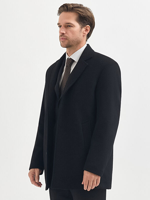 Erkek Siyah Yün Karışımlı Kaban