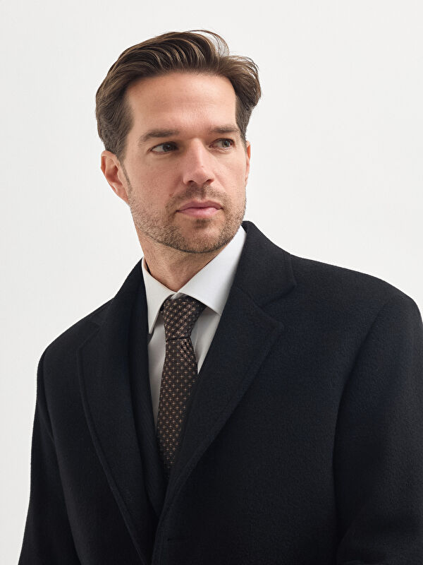 Erkek Siyah Yün Karışımlı Kaban