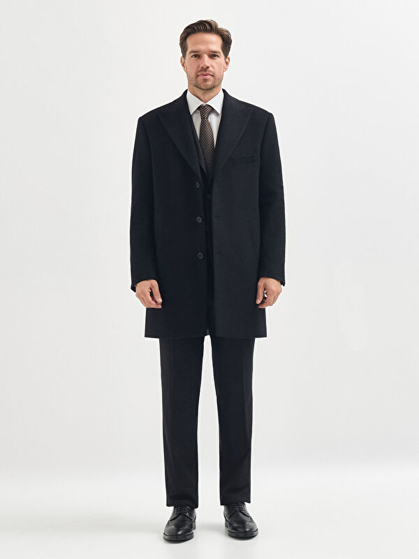 Erkek Siyah Kaşmir Yün Karışımlı Kaban