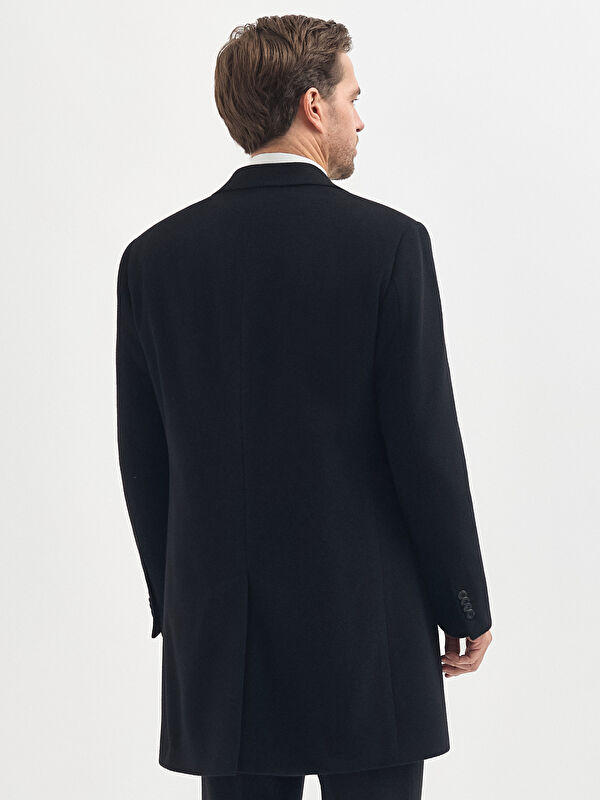 Erkek Siyah Kaşmir Yün Karışımlı Kaban