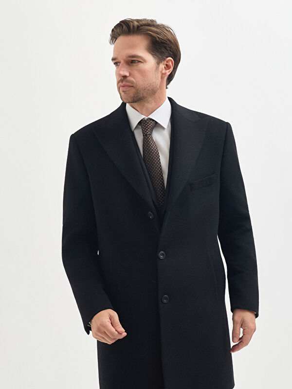 Erkek Siyah Kaşmir Yün Karışımlı Kaban