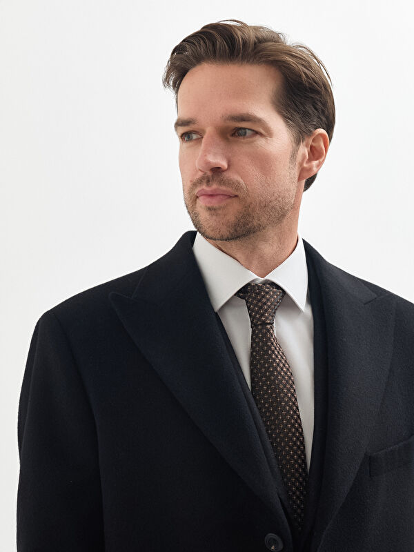 Erkek Siyah Kaşmir Yün Karışımlı Kaban