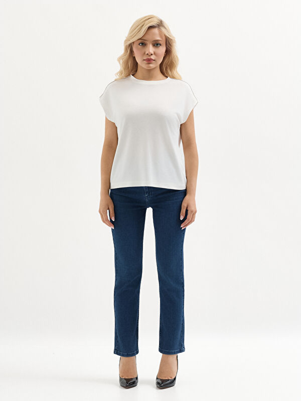 Kadın Ekru Modal Karışımlı O Yakalı Pike T-Shirt