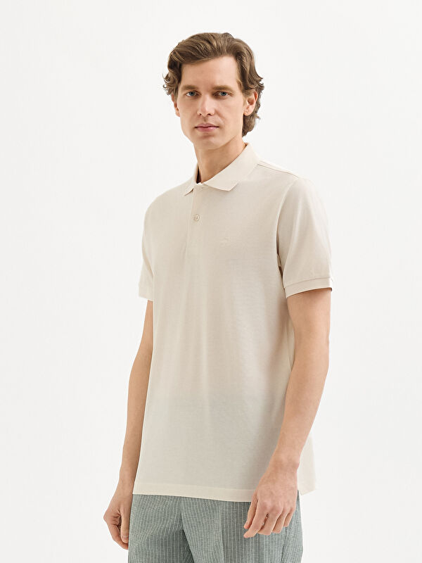 Erkek Ekru %100 Pamuk Pike Polo Yaka Tişört