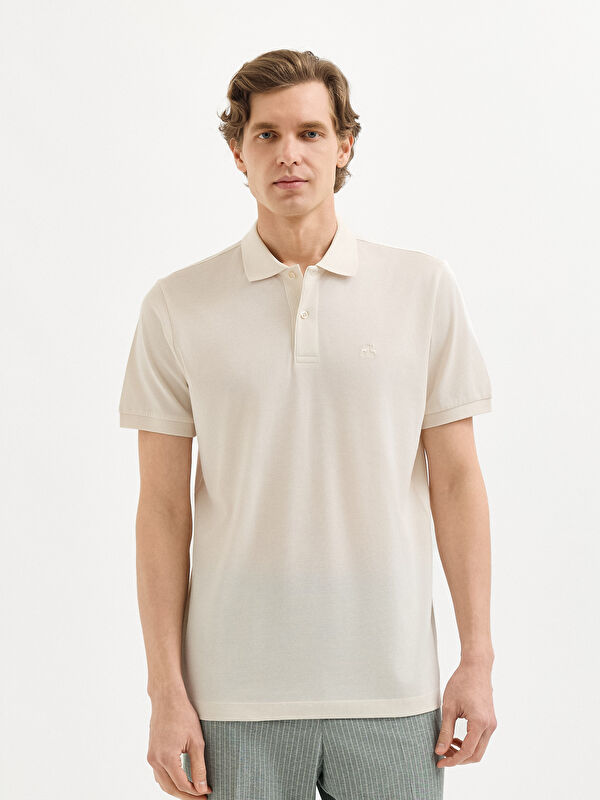 Erkek Ekru %100 Pamuk Pike Polo Yaka Tişört