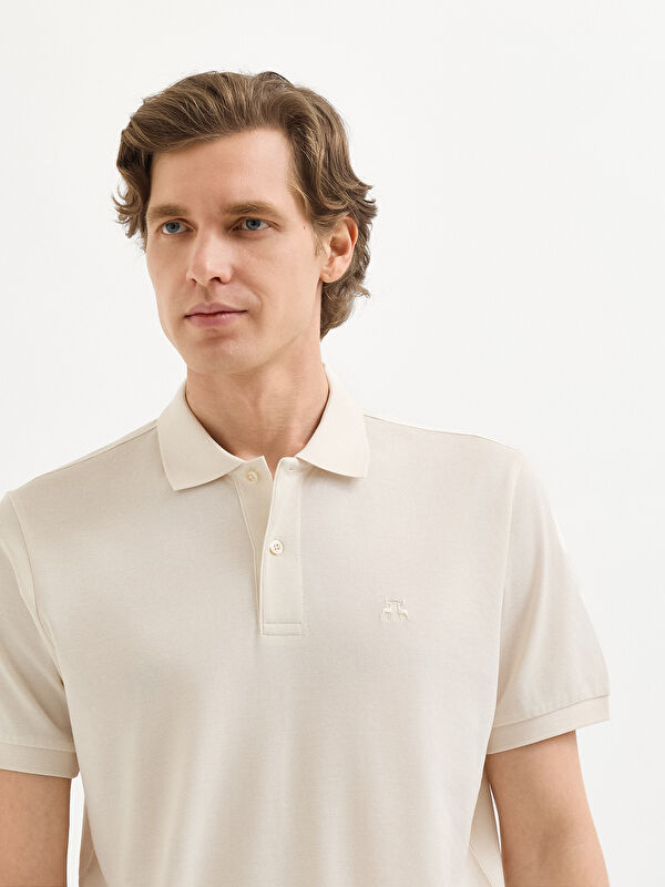 Erkek Ekru %100 Pamuk Pike Polo Yaka Tişört