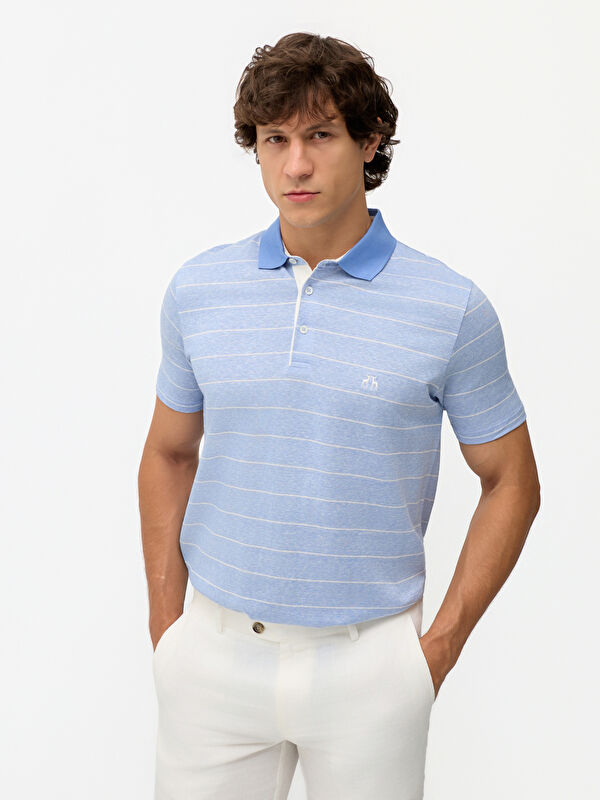 Erkek Mavi Keten Pamuk Karışımlı Regular Fit Polo Yaka Tişört