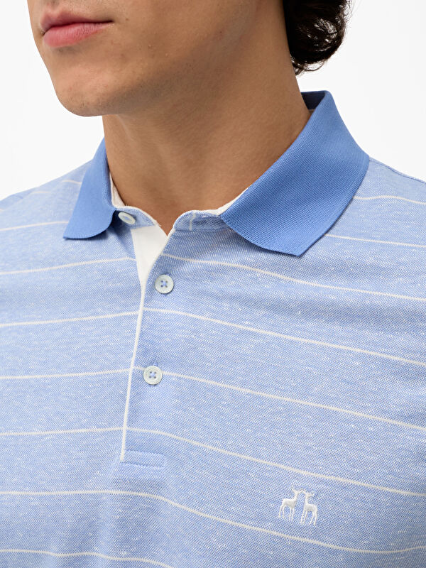 Erkek Mavi Keten Pamuk Karışımlı Regular Fit Polo Yaka Tişört