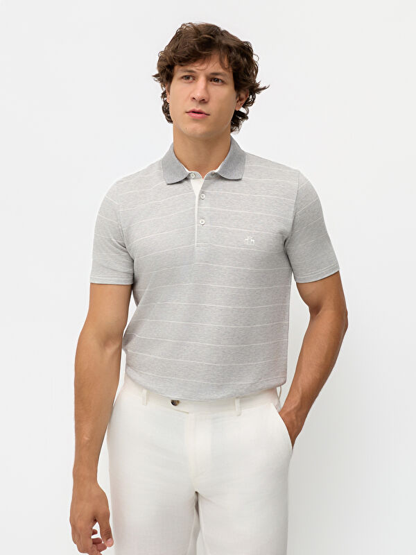 Erkek Gri Keten Pamuk Karışımlı Regular Fit Polo Yaka Tişört