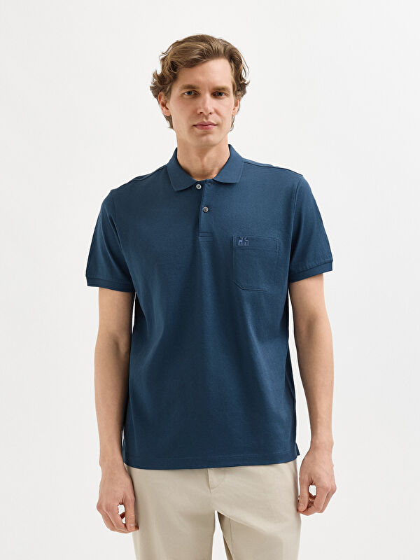 Erkek İndigo T-Shirt-Polo Yaka Tişört