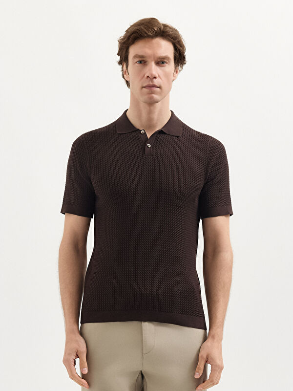 Erkek Kahve %100 Pamuk Burgu Örme Polo Yaka Triko T-Shirt