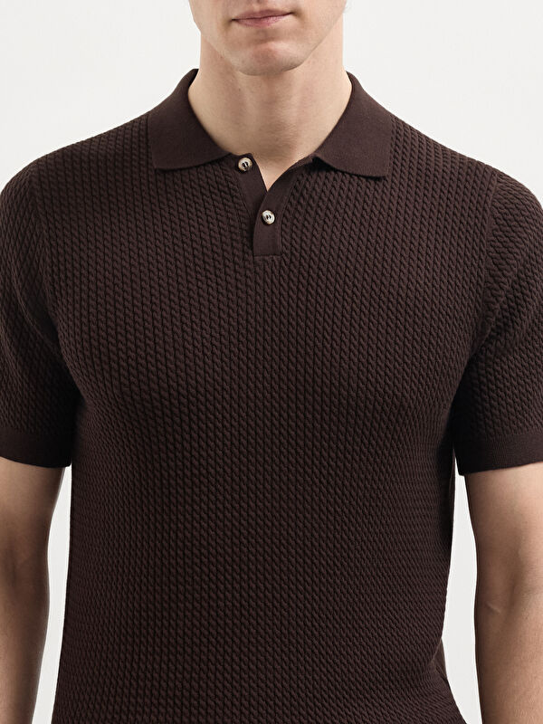 Erkek Kahve %100 Pamuk Burgu Örme Polo Yaka Triko T-Shirt