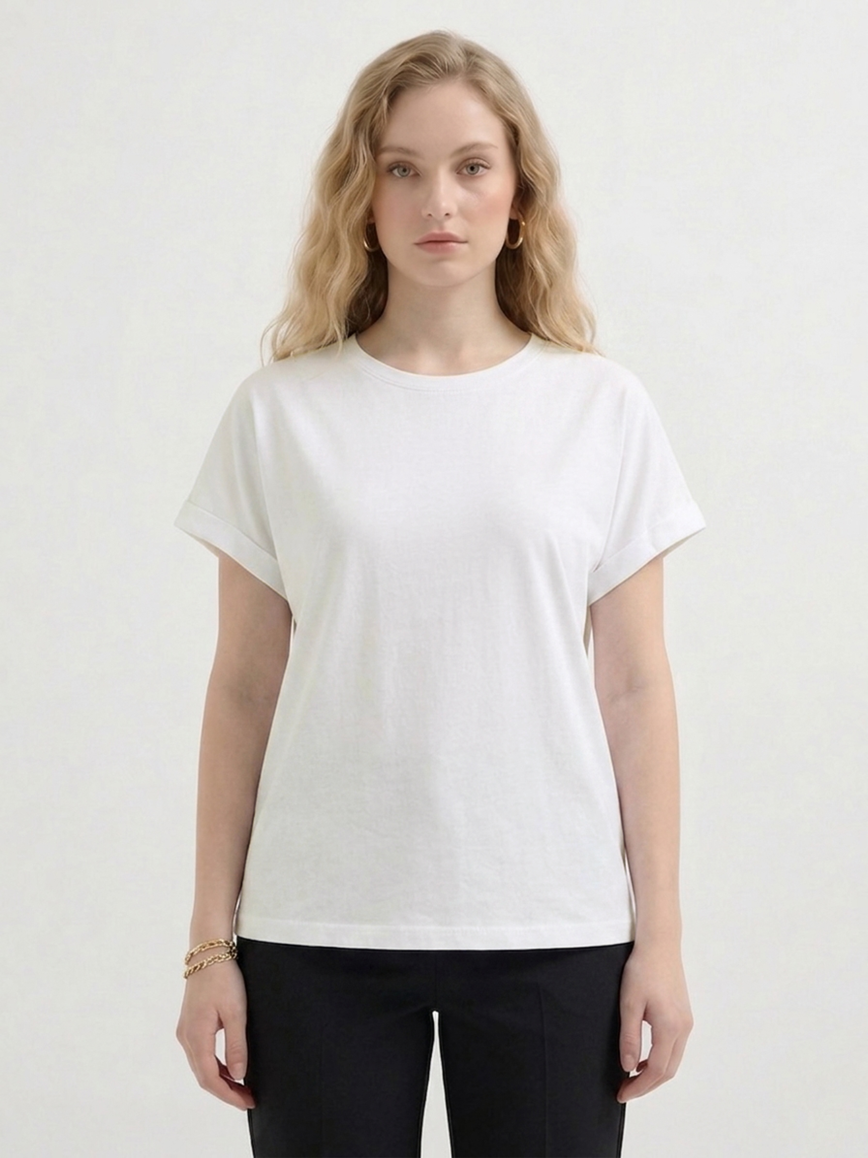 もよ Karaca Kadın Siyah Pamuk Modal Karışımlı Bisiklet Yaka T-Shirt