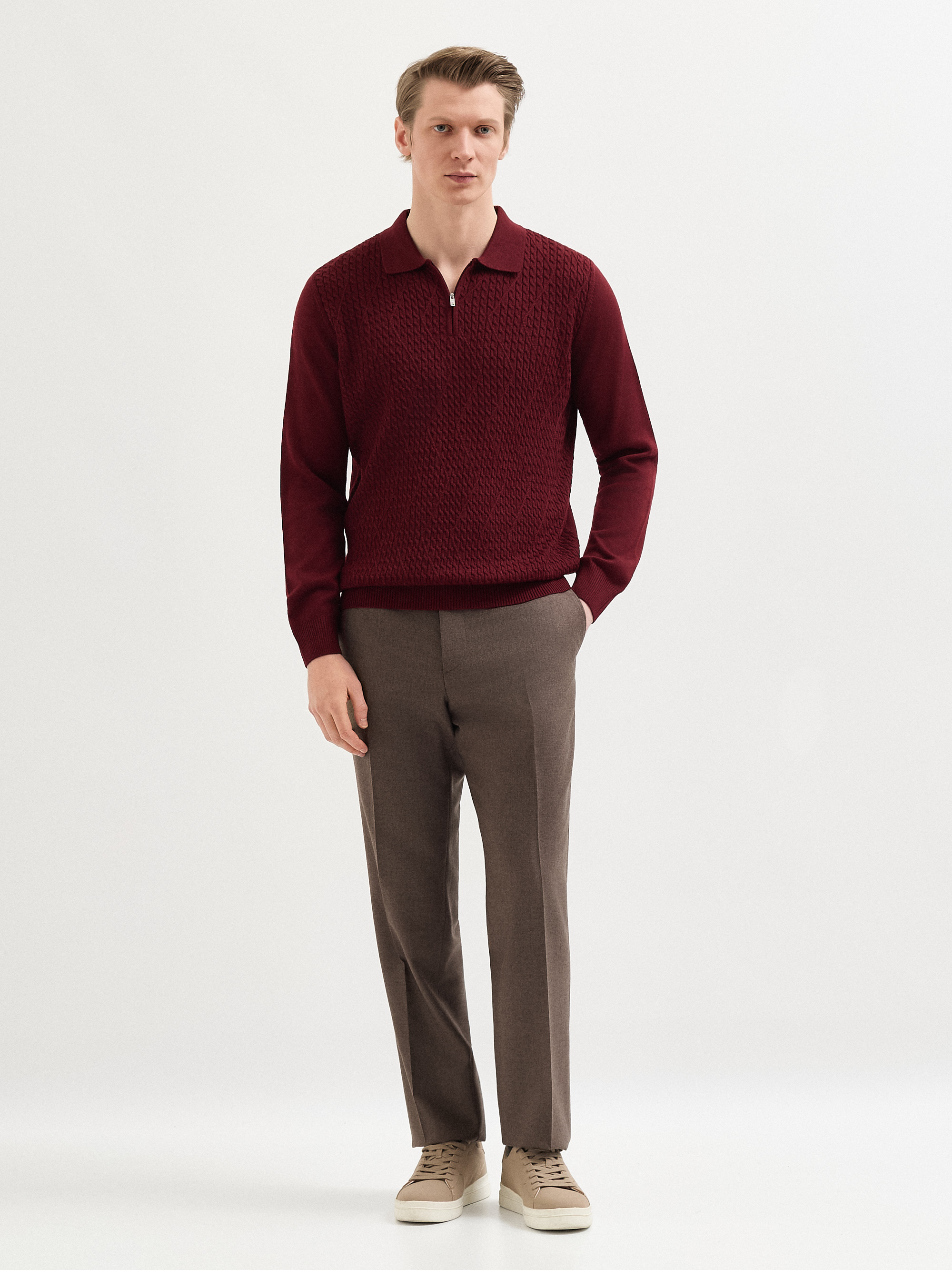Karaca Erkek Bordo Yün Karışımlı Regular Fit Polo Yaka Fermuarlı