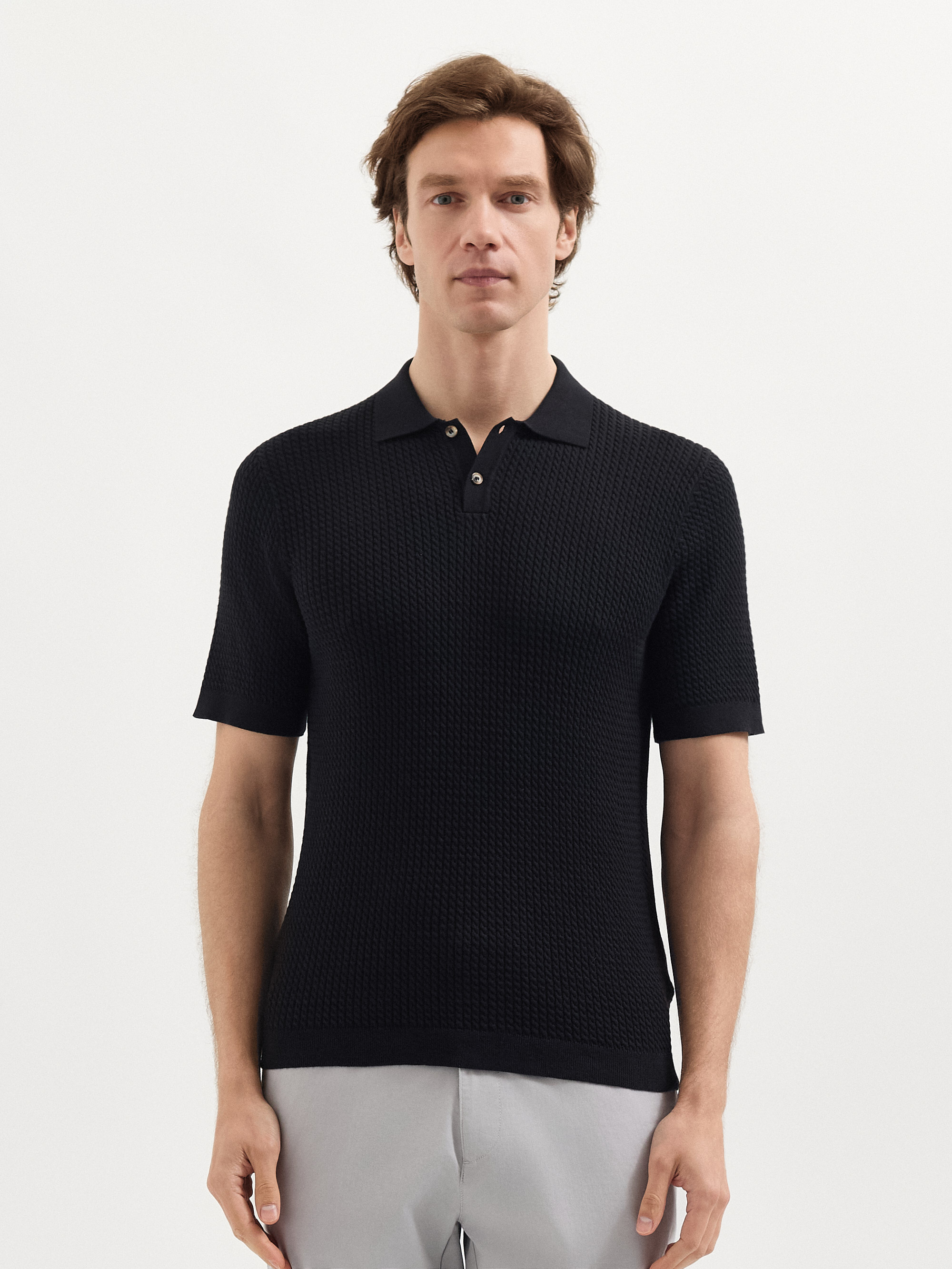 Karaca Erkek Siyah %100 Pamuk Burgu Örme Polo Yaka Triko T-Shirt